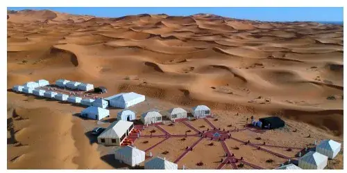 Aerial view of Merzouga Glamping camp by day