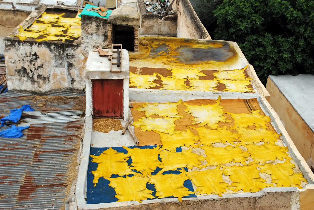 Cubas redondas de piedra con tintes de colores en la curtiduría Chouara de Fez