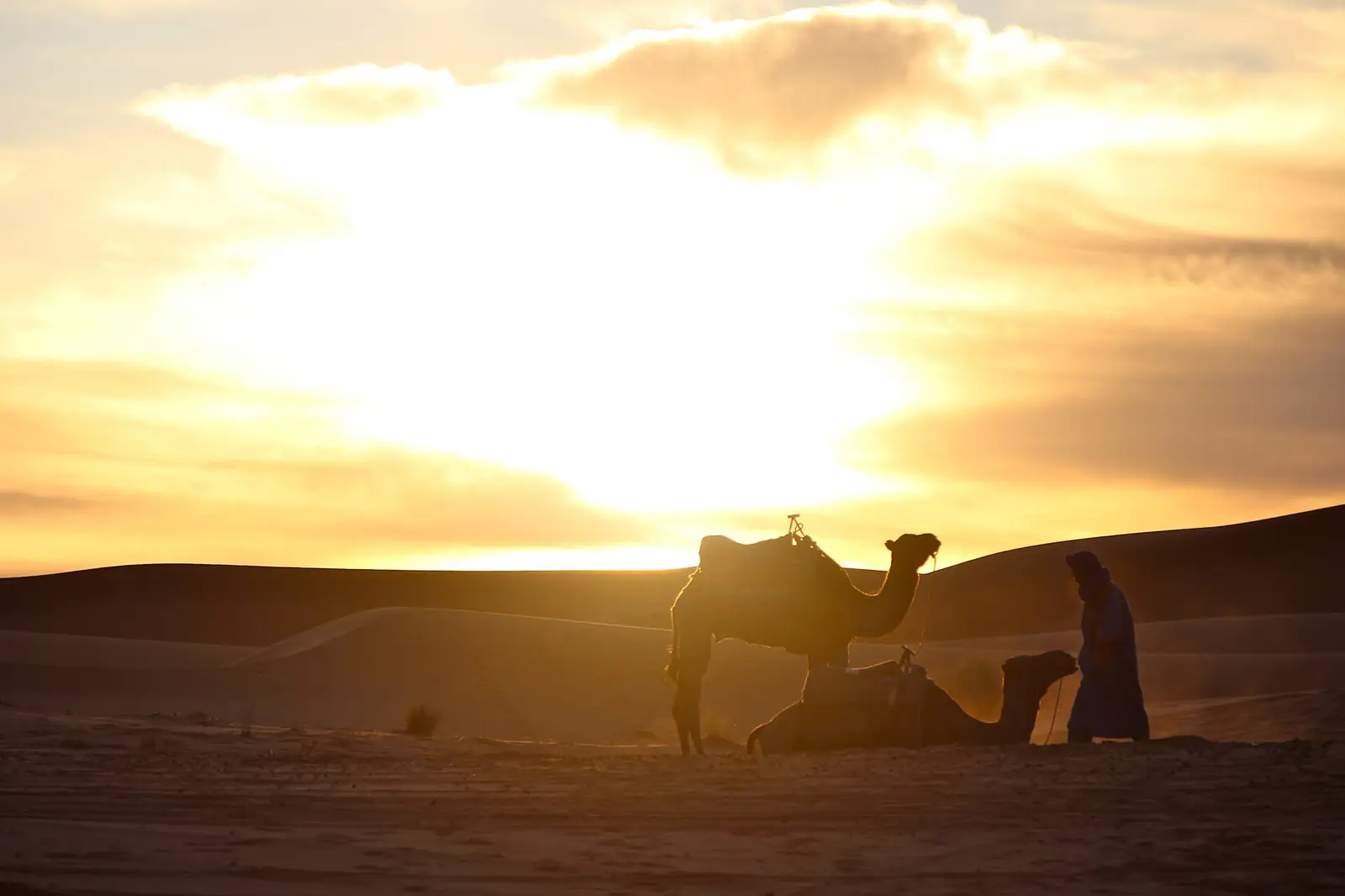 Sol radiante de mediodía sobre las dunas anaranjadas de Erg Chebbi, cerca de Merzouga