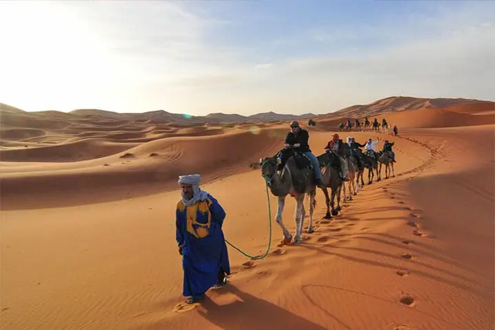 Guía bereber guiando una caravana de viajeros en dromedario por las dunas del Erg Chebbi en primavera