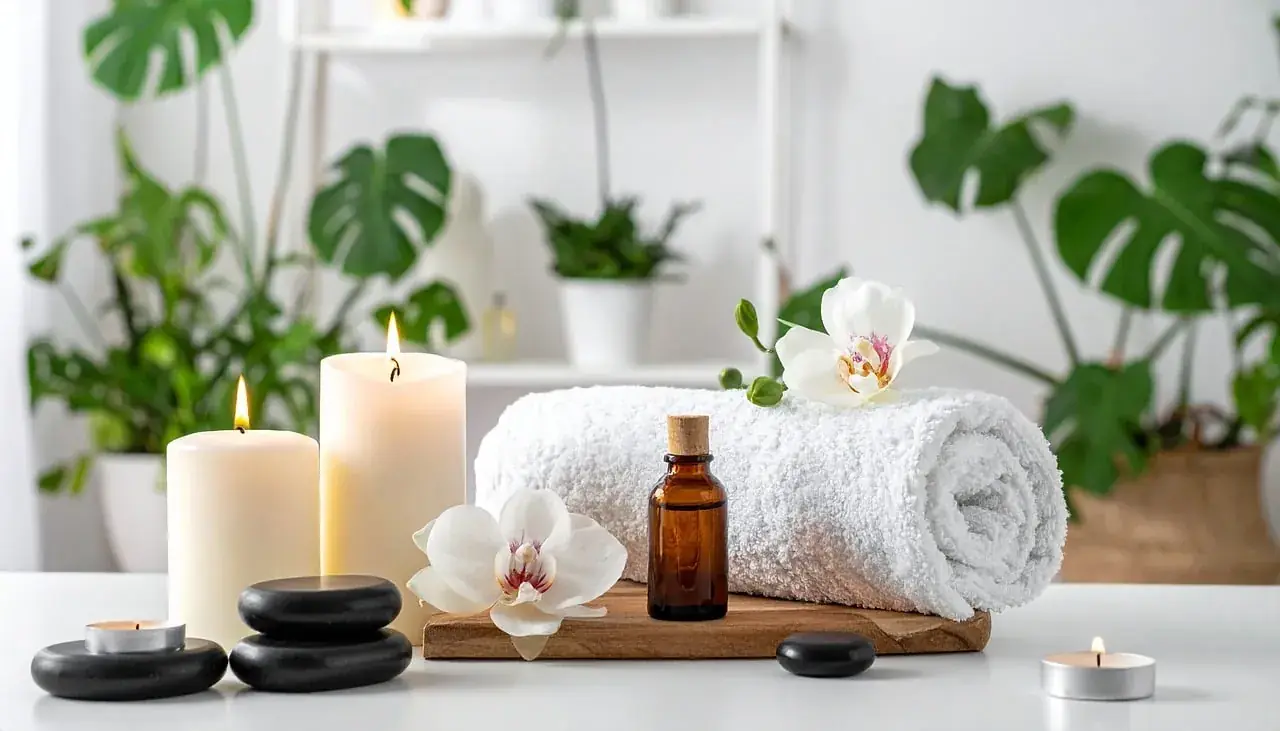 Candles, towels and massage oils set up for a spa treatment