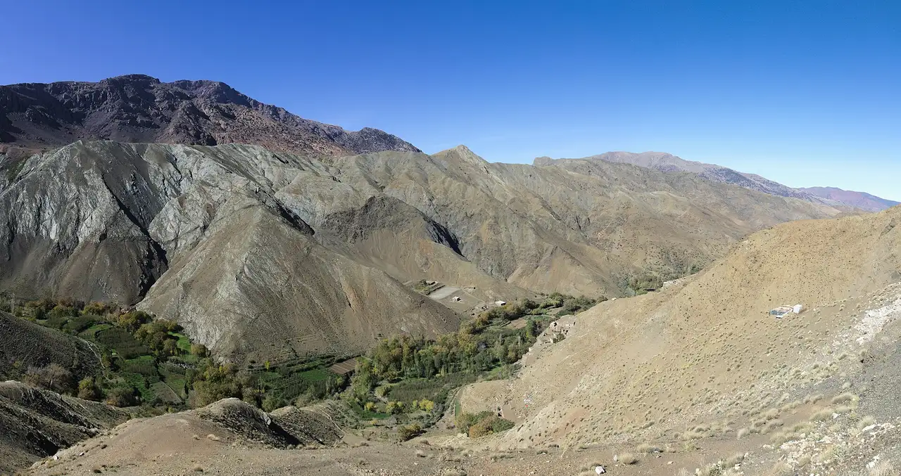 Road winding through the High Atlas mountains at the Tizi n'Tichka pass