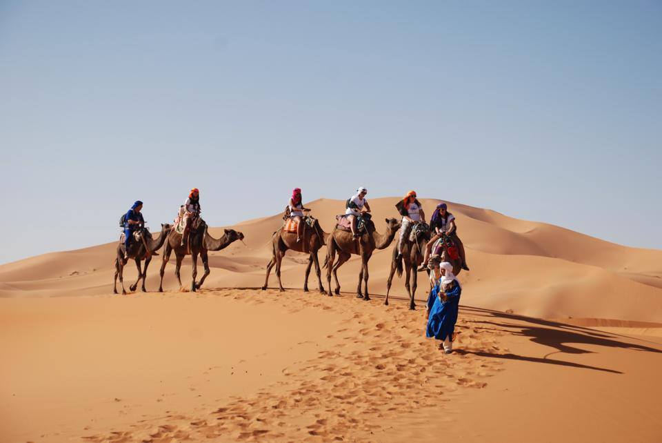 People riding camels in the Sahara desert, Morocco