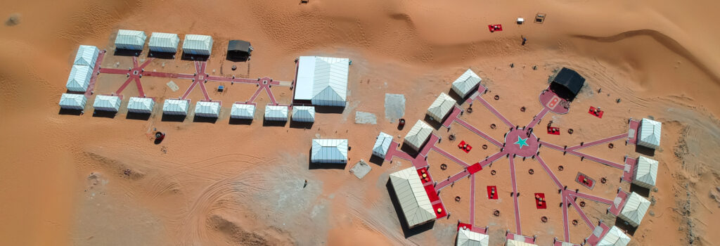 Merzouga glamping camp shot with drone